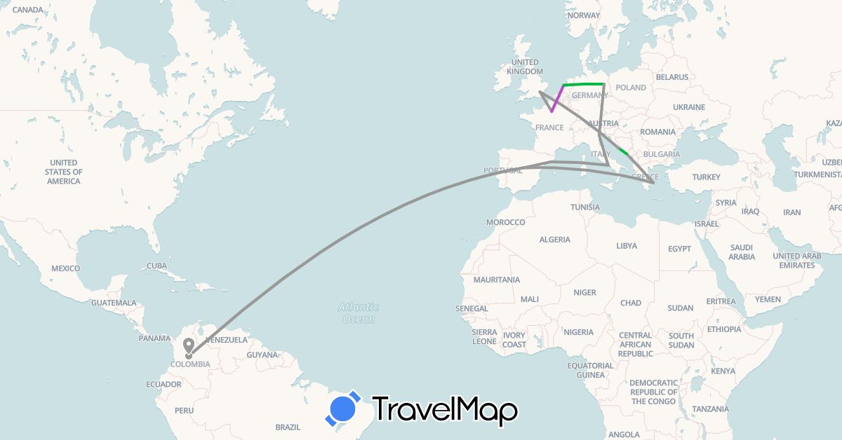 TravelMap itinerary: driving, bus, plane, train in Colombia, Germany, Spain, France, United Kingdom, Greece, Croatia, Italy, Netherlands (Europe, South America)